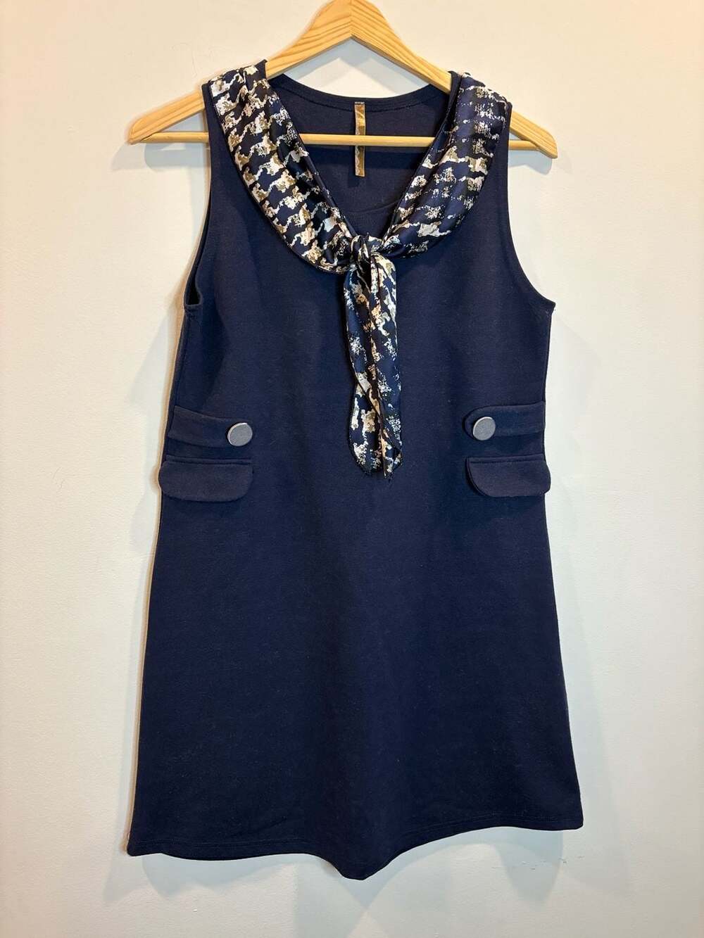 Vintage Navy Blue Sleeveless Shift Dress with Decorative Pocket Detail and Silk